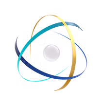 Colorful orbit lines encircle central sphere.