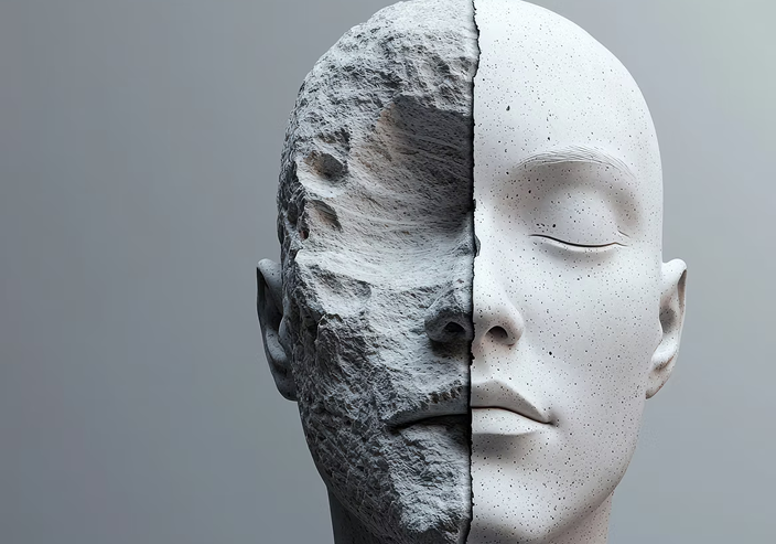 A face sculpture split between rough stone and smooth plaster.