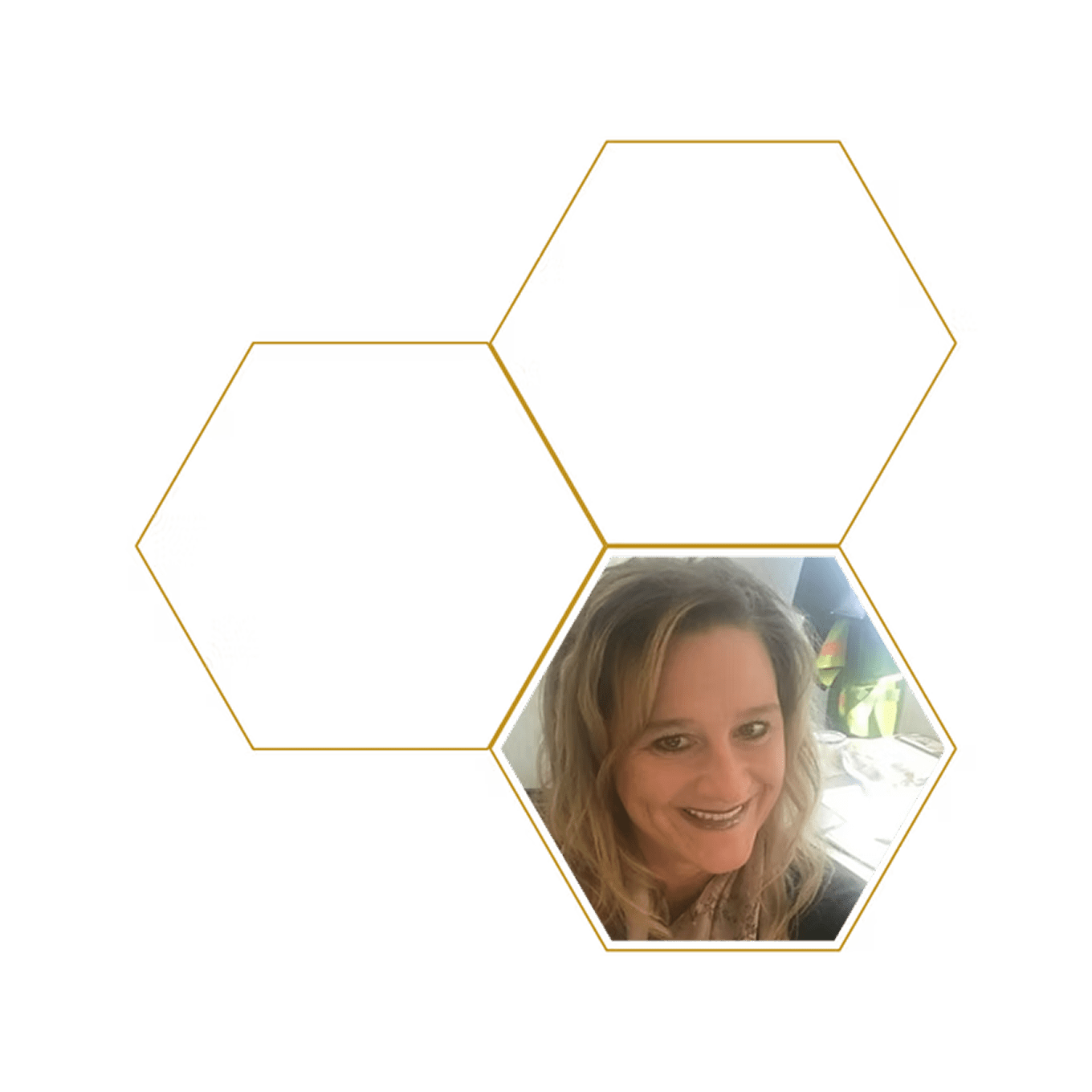 Smiling woman in hexagonal frame