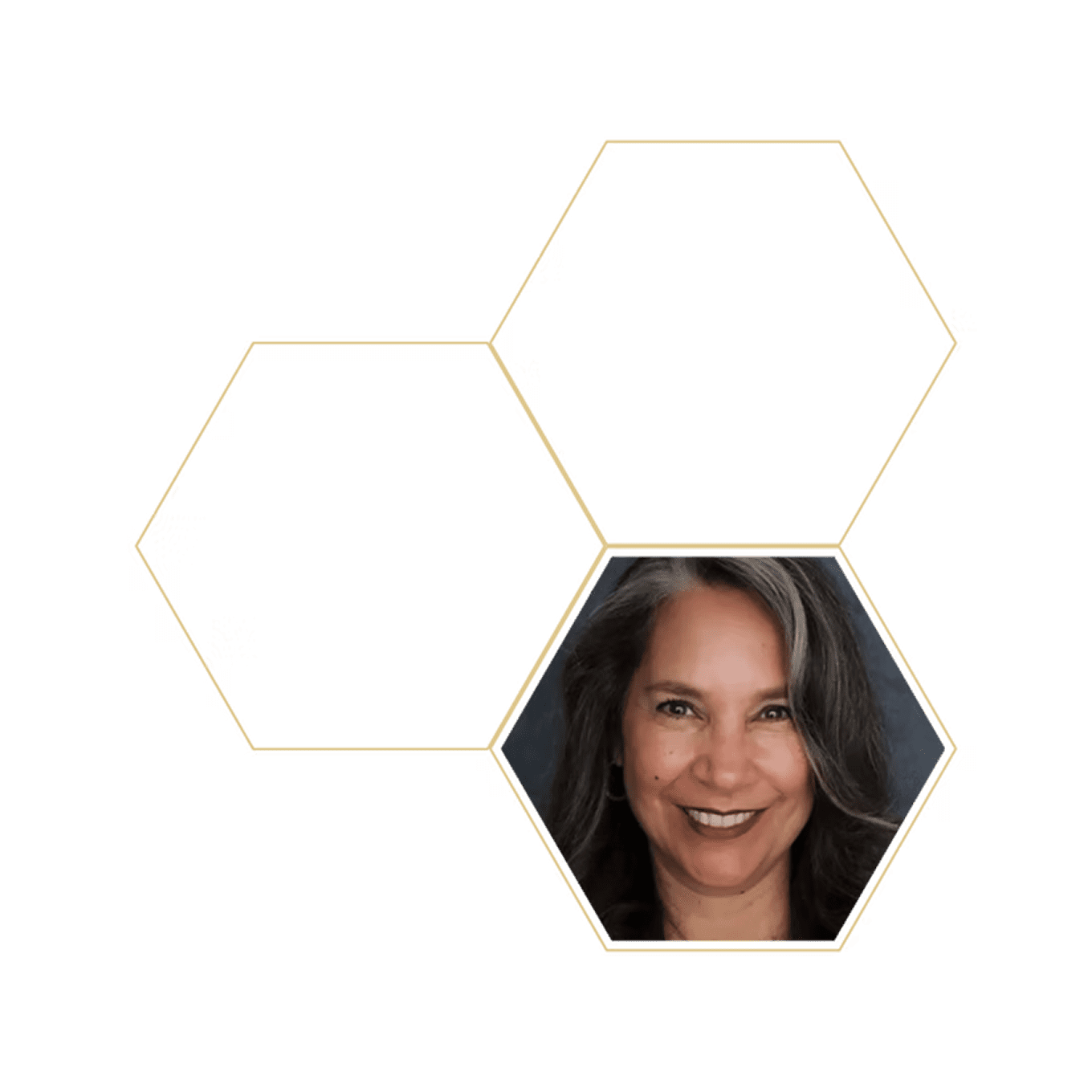 Smiling woman framed within a hexagon on a honeycomb background.