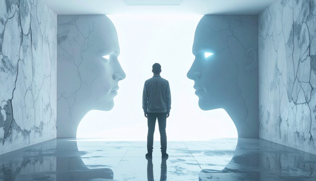A man standing before two glowing artificial intelligence faces emerging from cracked walls, symbolizing quantum intelligence leadership