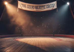 Empty circus ring under spotlight with a banner overhead.