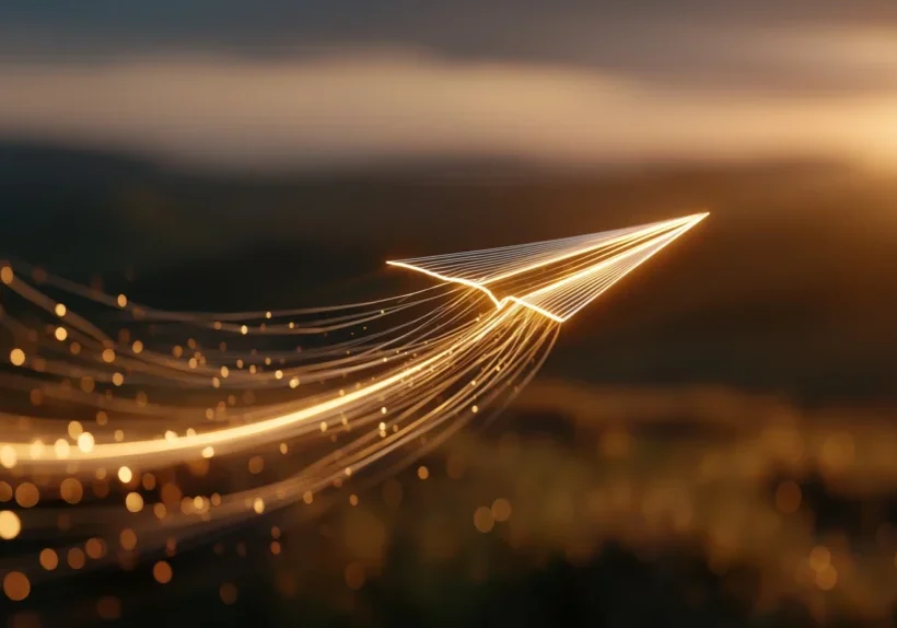 A glowing paper airplane flying through a blurred background.