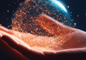 A glowing, magical orb floating above open hands in the dark.