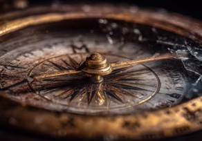 Close-up of an antique compass with a worn dial and needle.