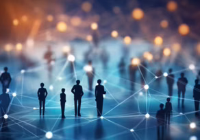 Silhouettes of people connected by glowing network lines and nodes.