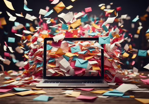 Laptop surrounded by flying colorful sticky notes.