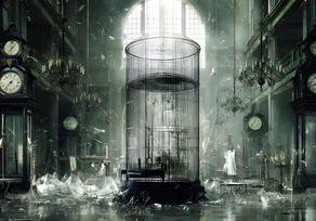 A large birdcage in a dim, atmospheric room filled with floating particles.