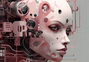 Cybernetic face with intricate machinery