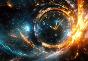 Clock surrounded by vibrant space colors
