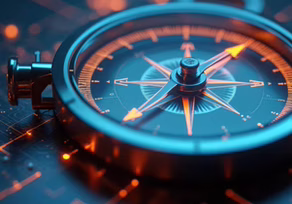 Modern compass on digital map background