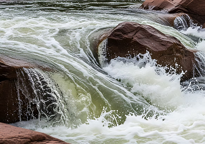 White water rushing around large rocks in a river.