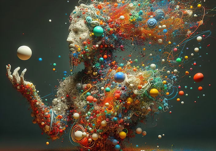 A surreal digital sculpture of a human figure entwined with colorful spheres and particles.