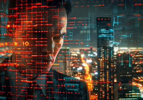 Technology-themed cityscape and digital interface